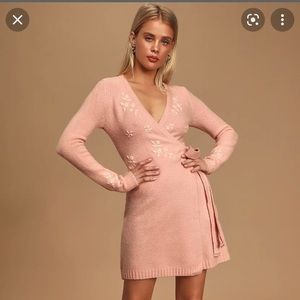 ***IN SEARCH OF*** Memory Making Blush Pink Embroidered Wrap Sweater Dress